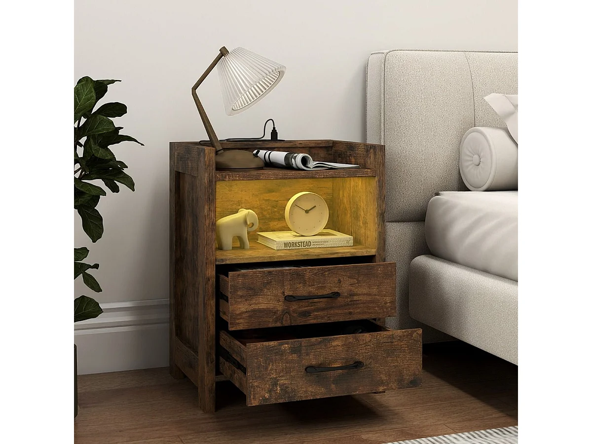 Nachttisch mit LED-Lichtern & Ladestation Nachtschrank mit 2 Schubladen & offenem Ablagefach Beistelltisch Rustikal Braun 45 x 35 x 60 cm