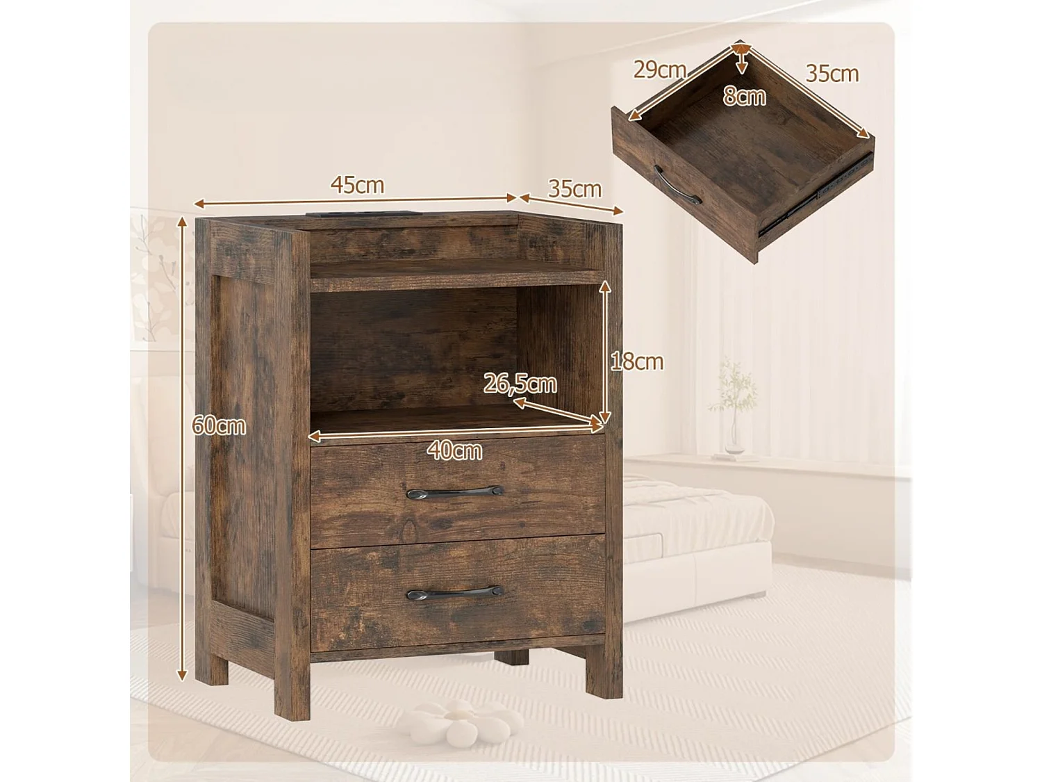 Nachttisch mit LED-Lichtern & Ladestation Nachtschrank mit 2 Schubladen & offenem Ablagefach Beistelltisch Rustikal Braun 45 x 35 x 60 cm