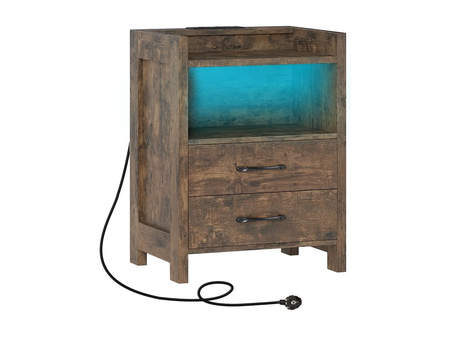 Nachttisch mit LED-Lichtern & Ladestation Nachtschrank mit 2 Schubladen & offenem Ablagefach Beistelltisch Rustikal Braun 45 x 35 x 60 cm