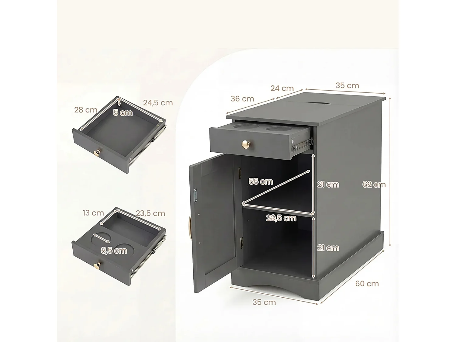 Nachttisch mit Ladestation Beistelltisch mit Verstellbarem Regal Holz Nachtschrank Grau