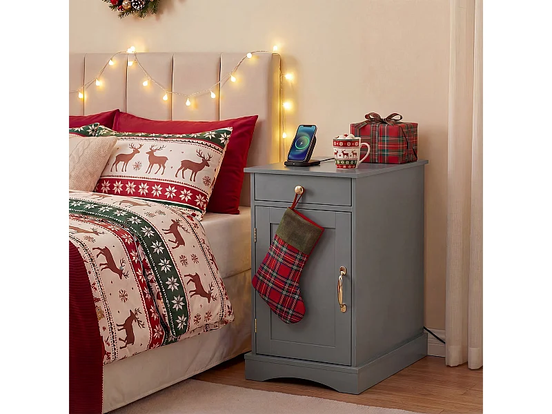 Nachttisch mit Ladestation Beistelltisch mit Verstellbarem Regal Holz Nachtschrank Grau