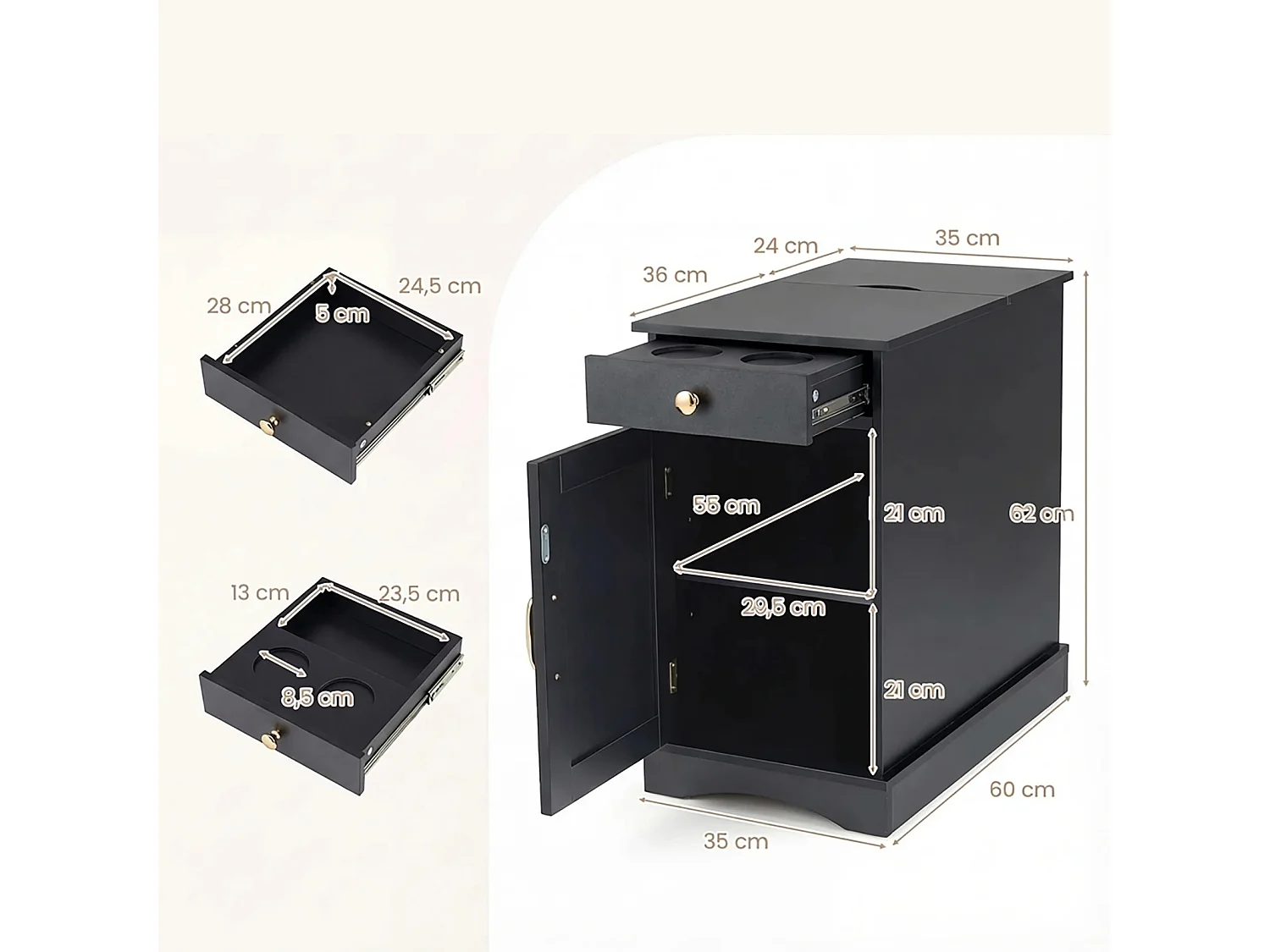 Nachttisch mit Ladestation Beistelltisch mit verstellbarem Regal Schrank Schublade Schwarz