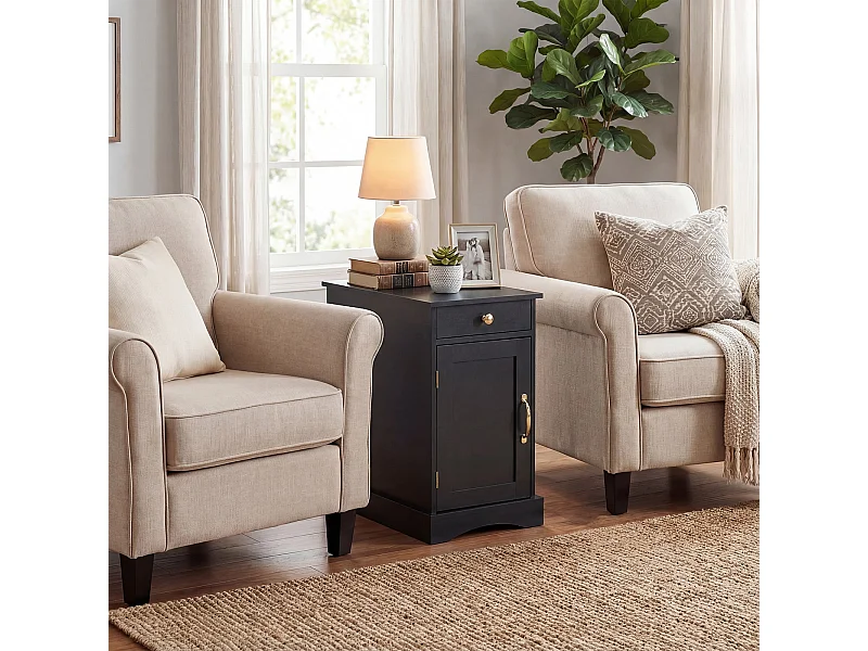 Nachttisch mit Ladestation Beistelltisch mit verstellbarem Regal Schrank Schublade Schwarz