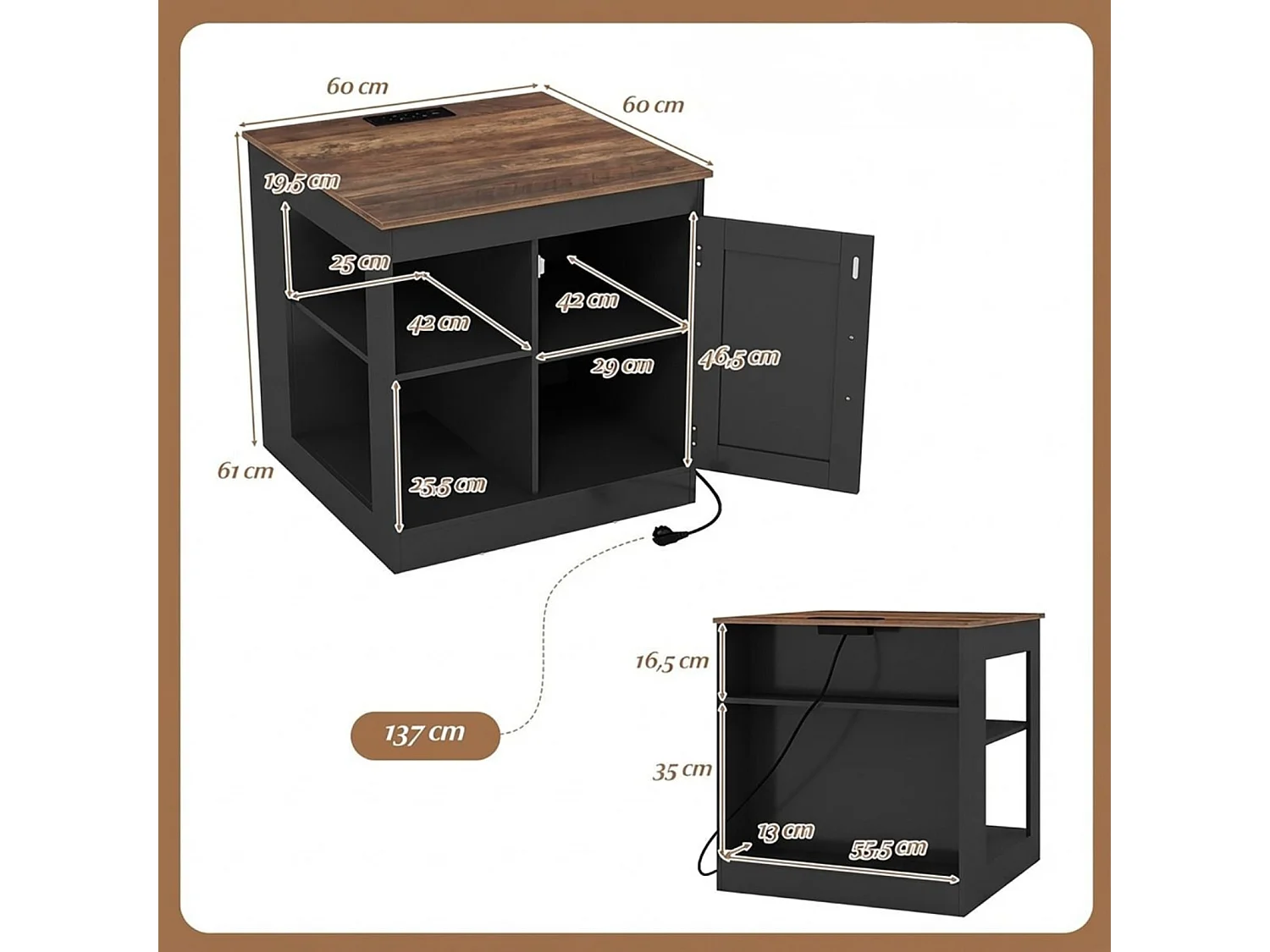 Nachttisch mit Ladestation & Verstellbarem Regal Holz Beistelltisch Nachtschrank Sofatisch Schwarz