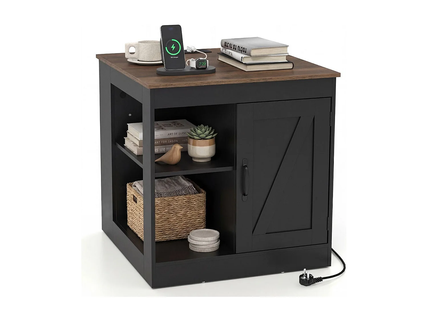 Nachttisch mit Ladestation & Verstellbarem Regal Holz Beistelltisch Nachtschrank Sofatisch Schwarz