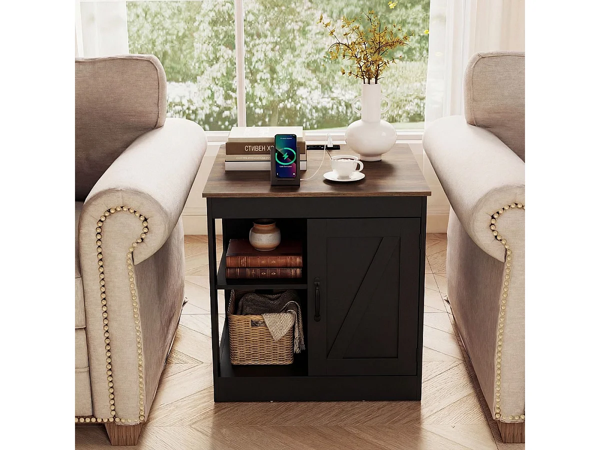 Nachttisch mit Ladestation & Verstellbarem Regal Holz Beistelltisch Nachtschrank Sofatisch Schwarz