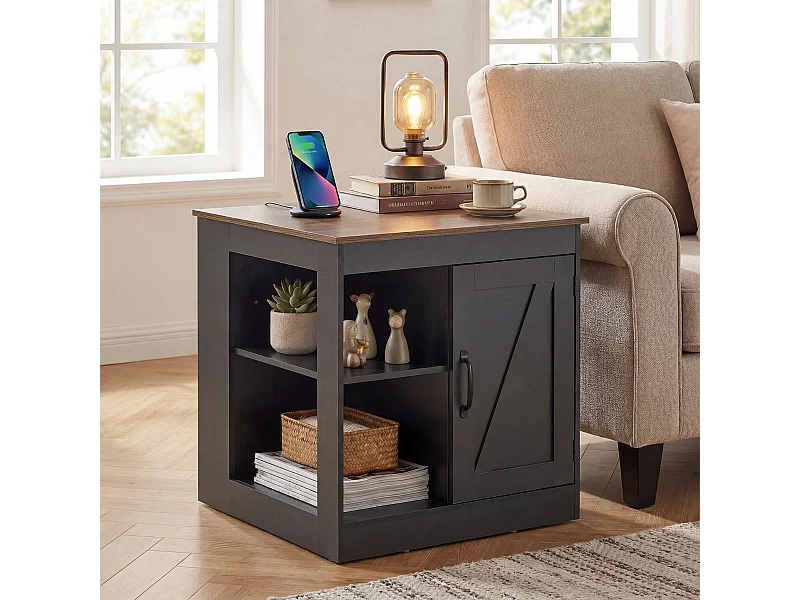 Nachttisch mit Ladestation & Verstellbarem Regal Holz Beistelltisch Nachtschrank Sofatisch Schwarz