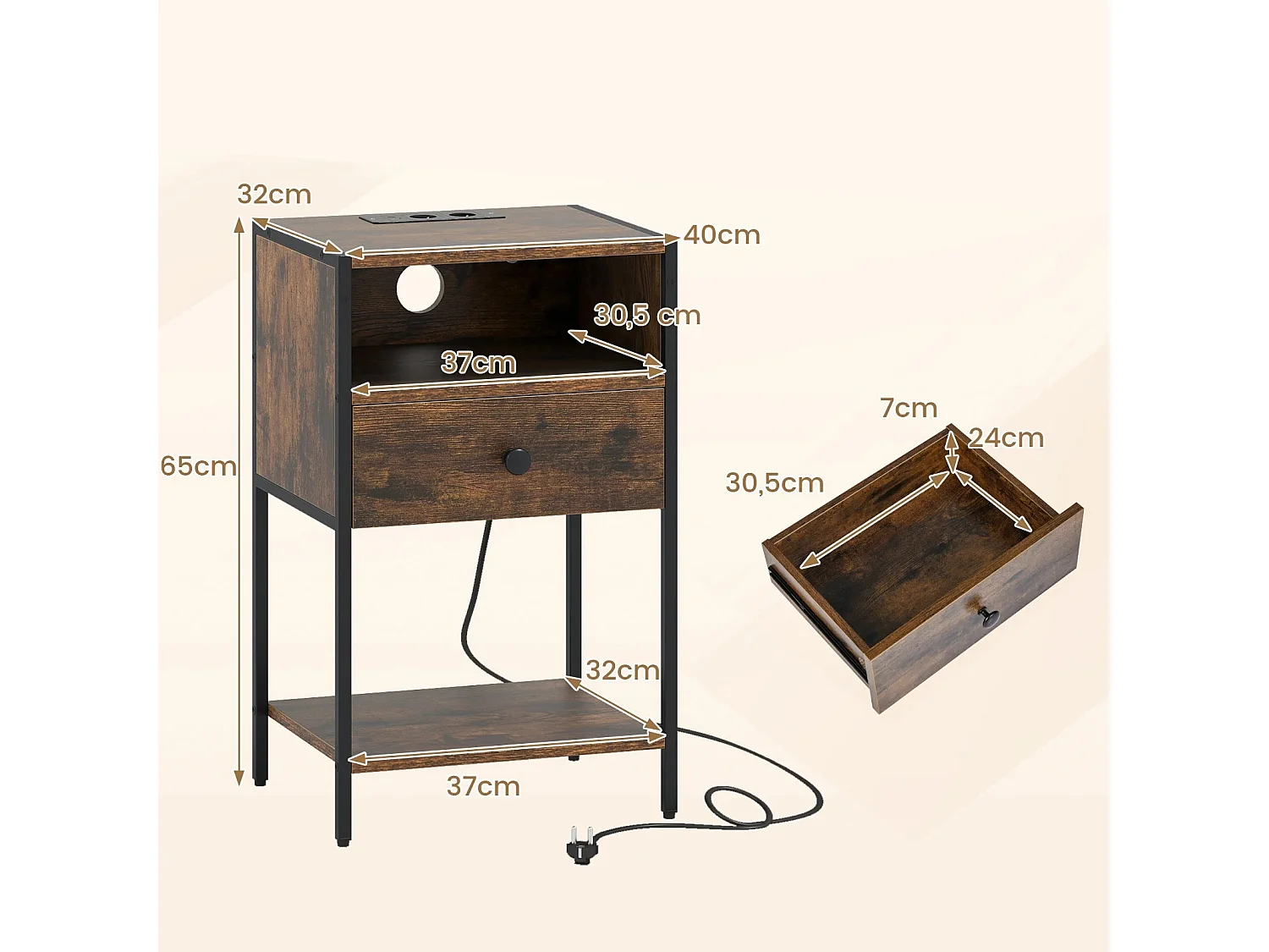 Nachttisch mit Ladestation Industrial Beistelltisch mit offenem Fach Schublade & Ablage Rustikales Braun