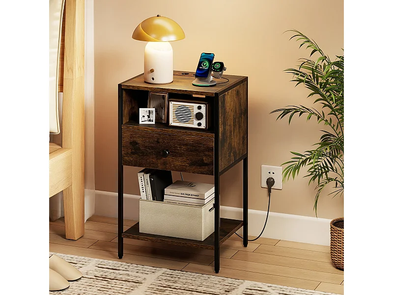 Nachttisch mit Ladestation Industrial Beistelltisch mit offenem Fach Schublade & Ablage Rustikales Braun