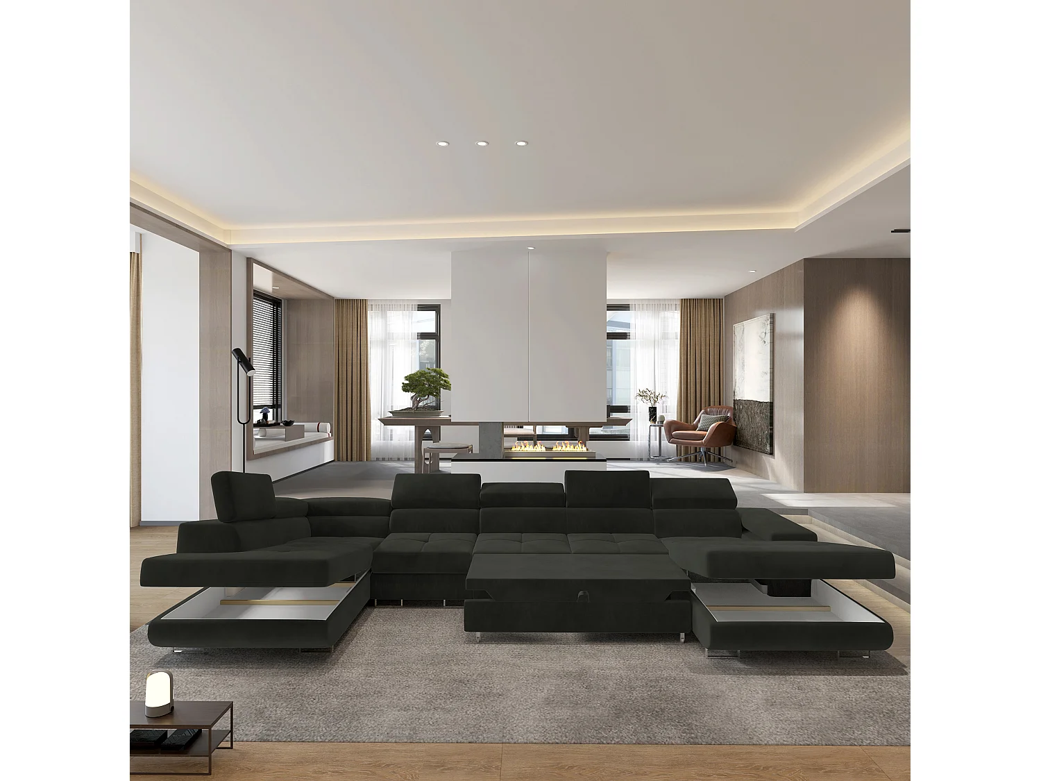 Hoekbank VELORA van fluweel met slaapfunctie Schwarz