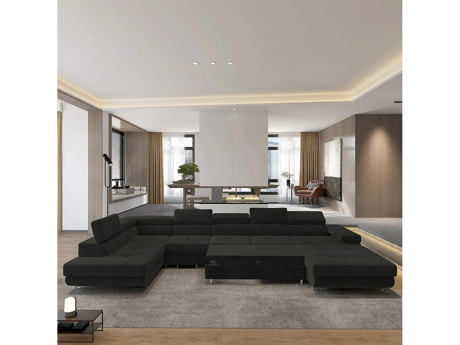 Hoekbank VELORA van fluweel met slaapfunctie Schwarz