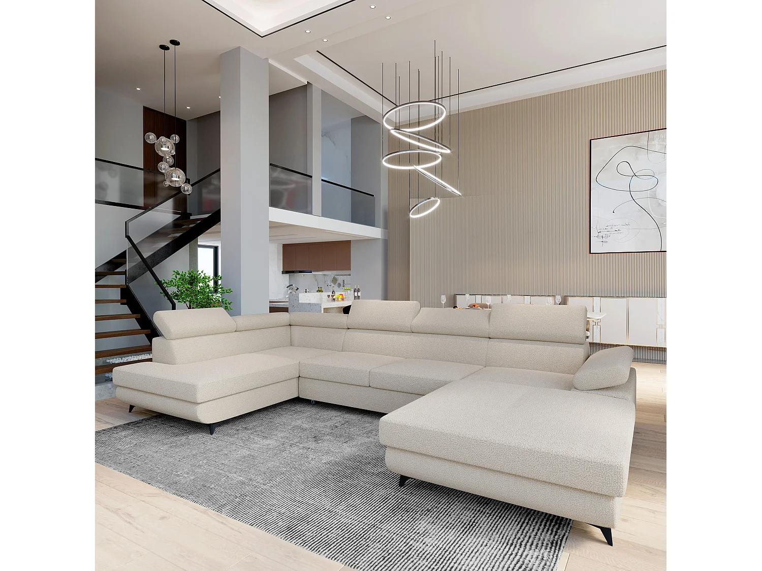 Hoekbank RUBANO van fluweel met slaapfunctie Creme