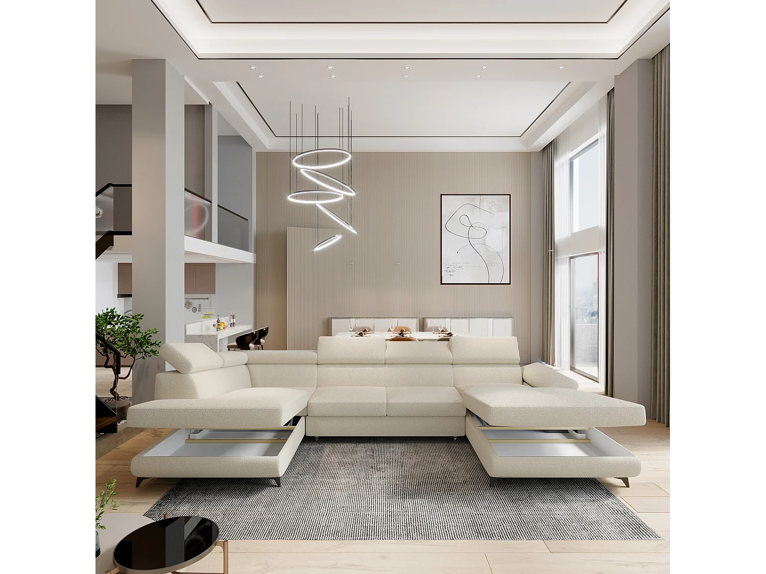 Hoekbank RUBANO van fluweel met slaapfunctie Creme