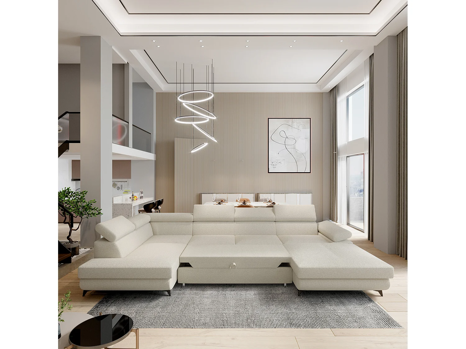 Hoekbank RUBANO van fluweel met slaapfunctie Creme