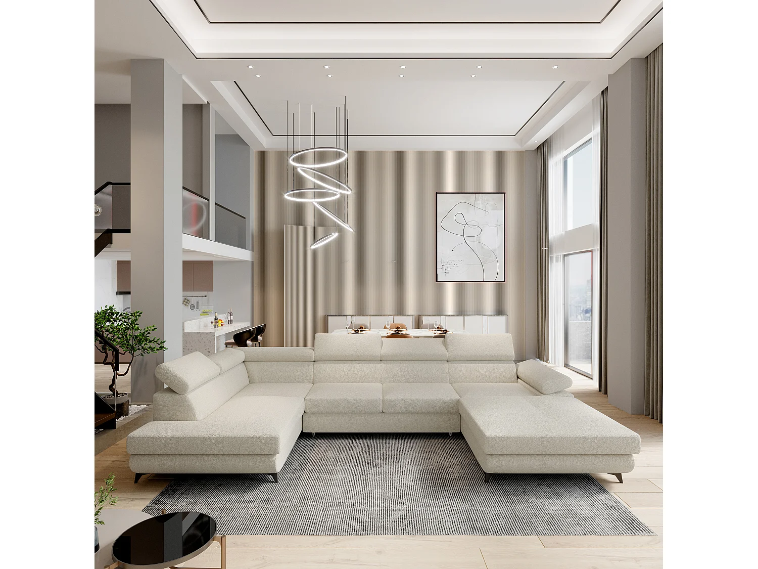 Hoekbank RUBANO van fluweel met slaapfunctie Creme