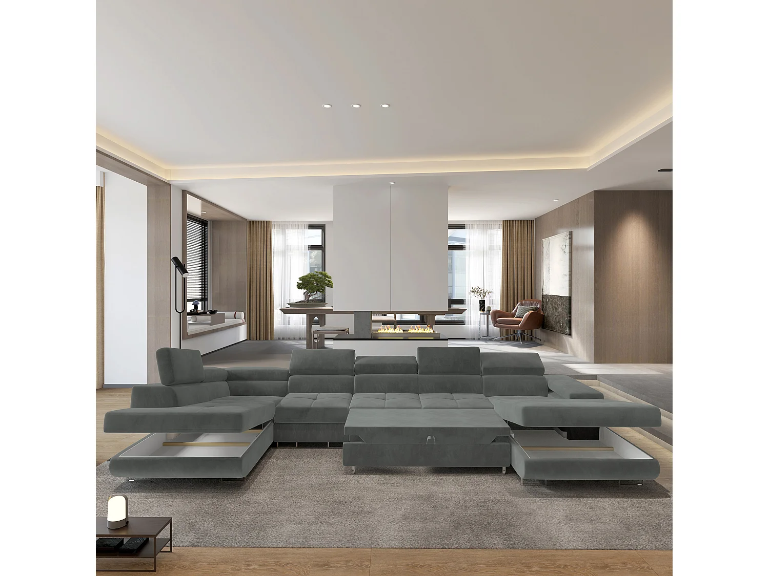 Hoekbank VELORA van fluweel met slaapfunctie Grau