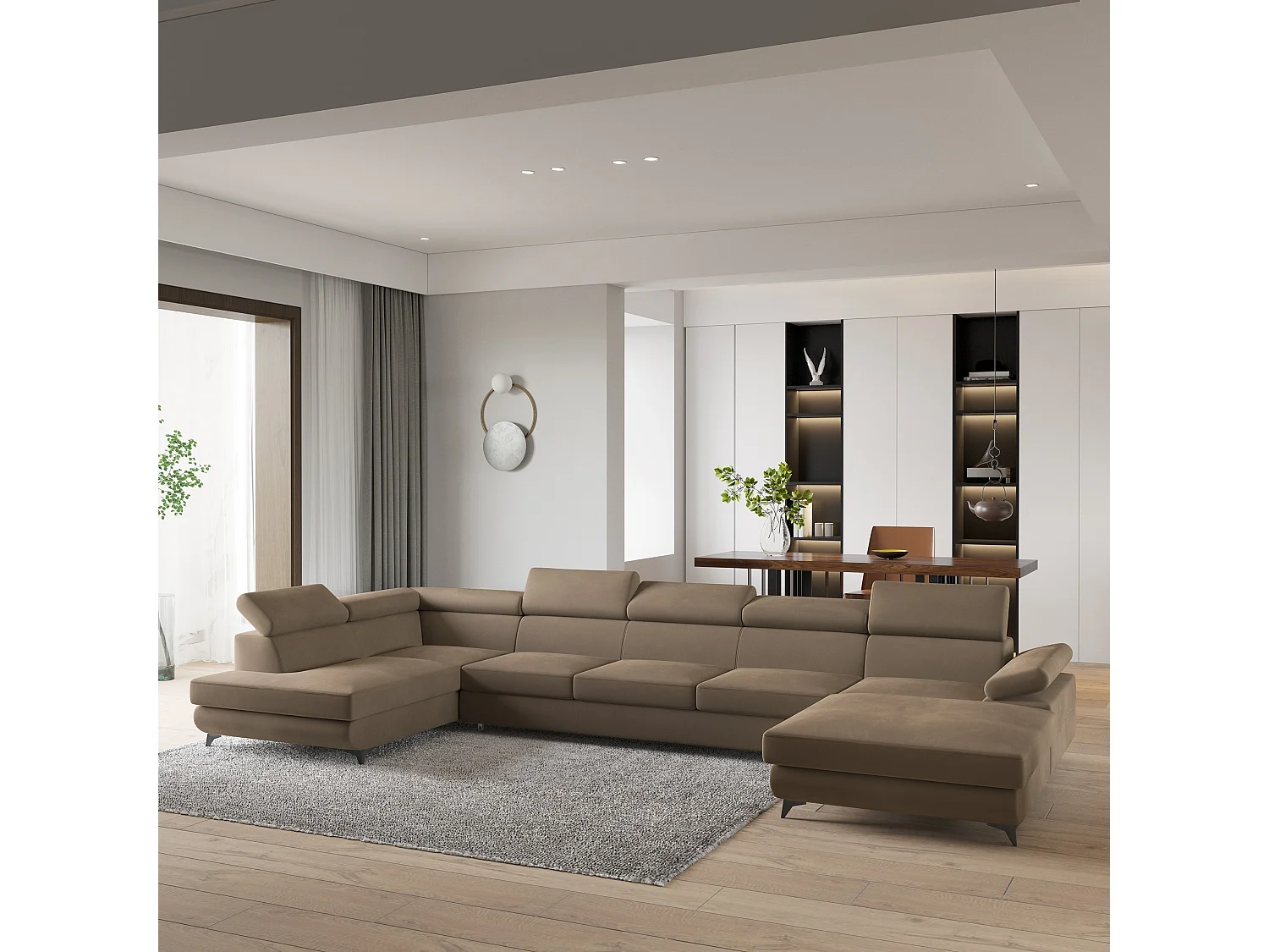 Hoekbank MONTIVA van fluweel met slaapfunctie Beige