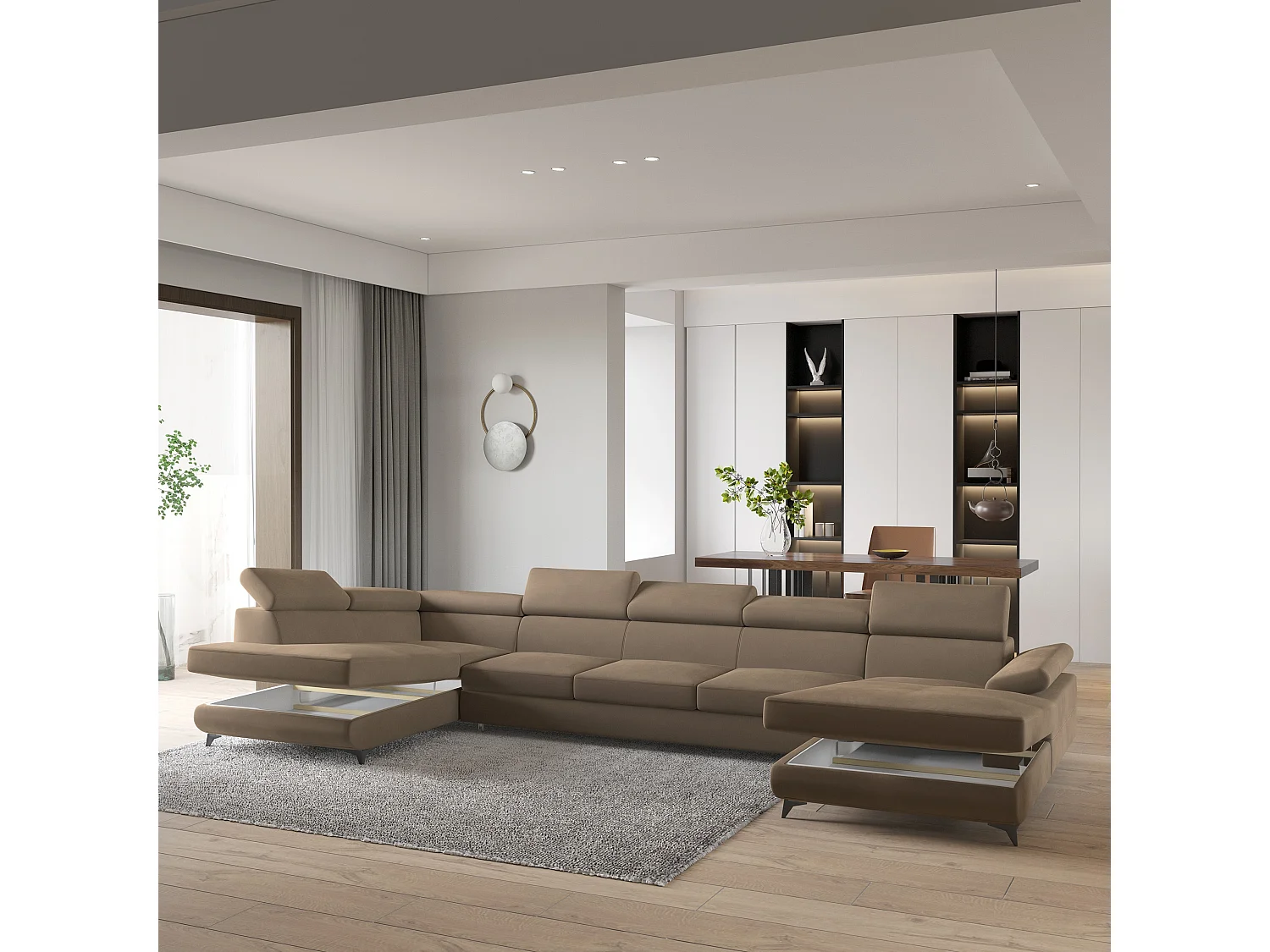 Hoekbank MONTIVA van fluweel met slaapfunctie Beige