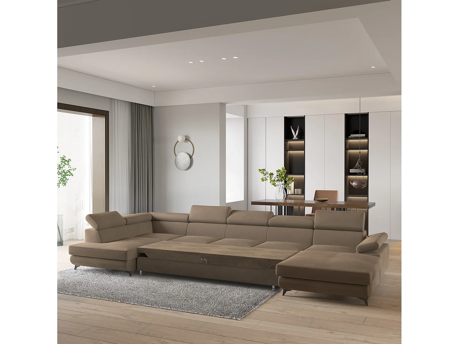 Hoekbank MONTIVA van fluweel met slaapfunctie Beige