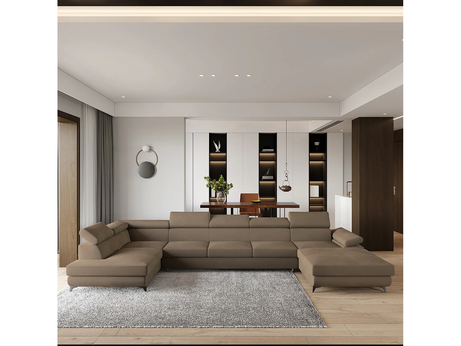 Hoekbank MONTIVA van fluweel met slaapfunctie Beige