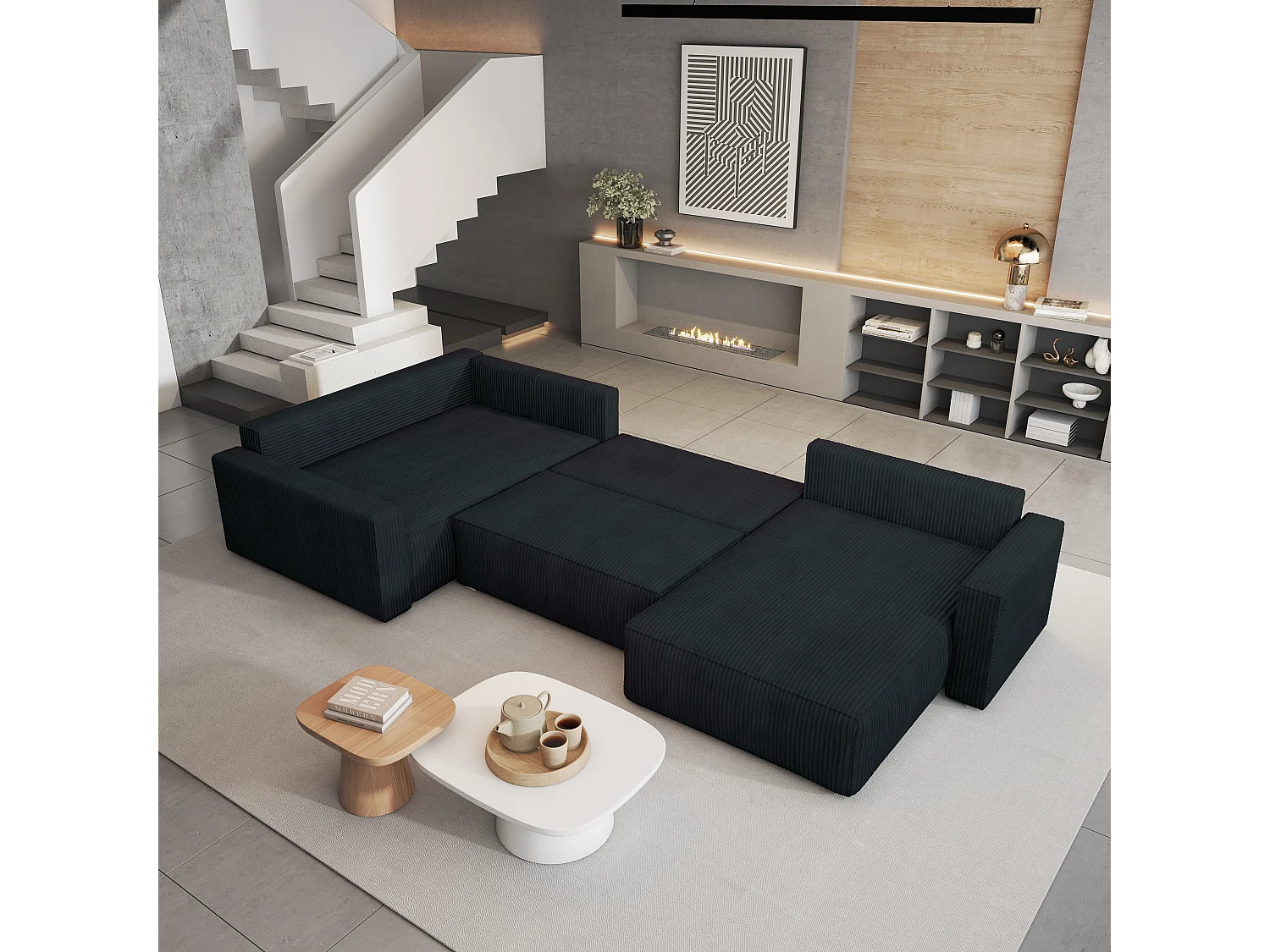 Hoekbank VELAMI van fluweel met slaapfunctie Schwarz