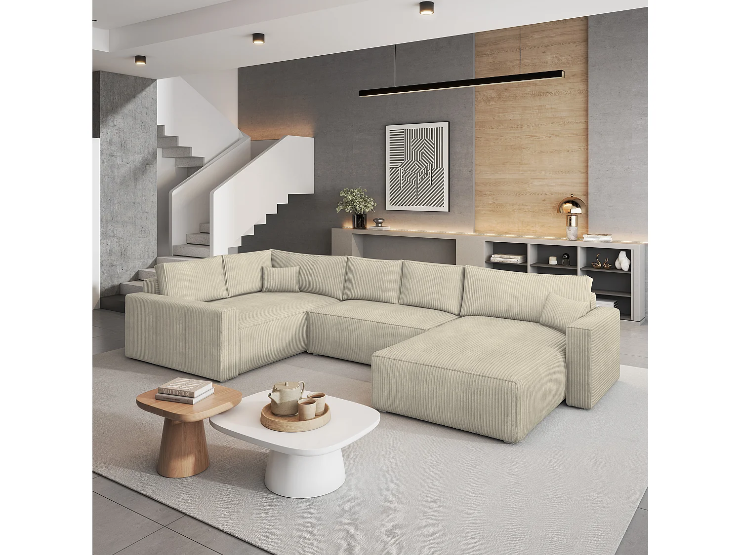 Hoekbank VELAMI van fluweel met slaapfunctie Creme