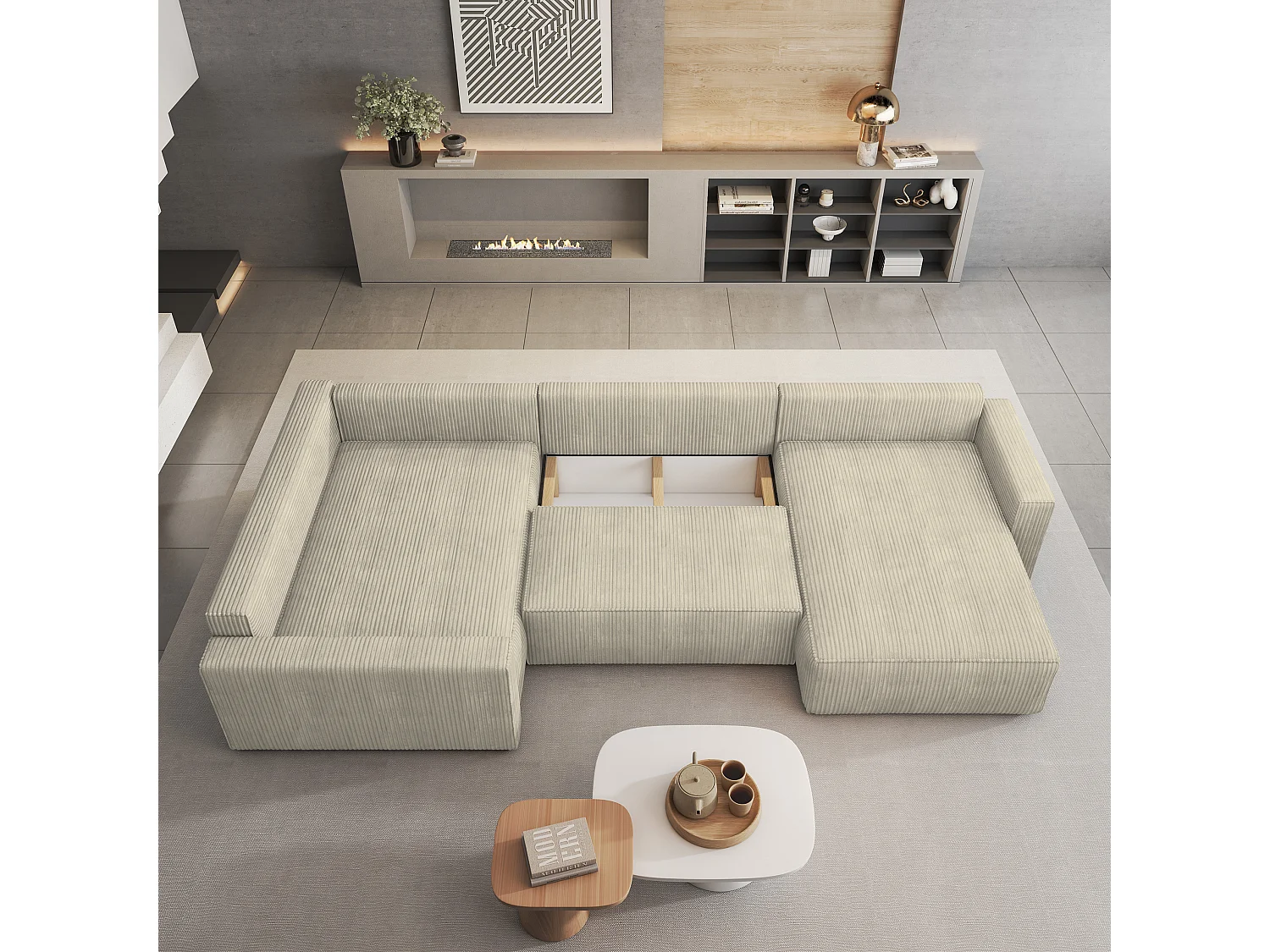 Hoekbank VELAMI van fluweel met slaapfunctie Creme