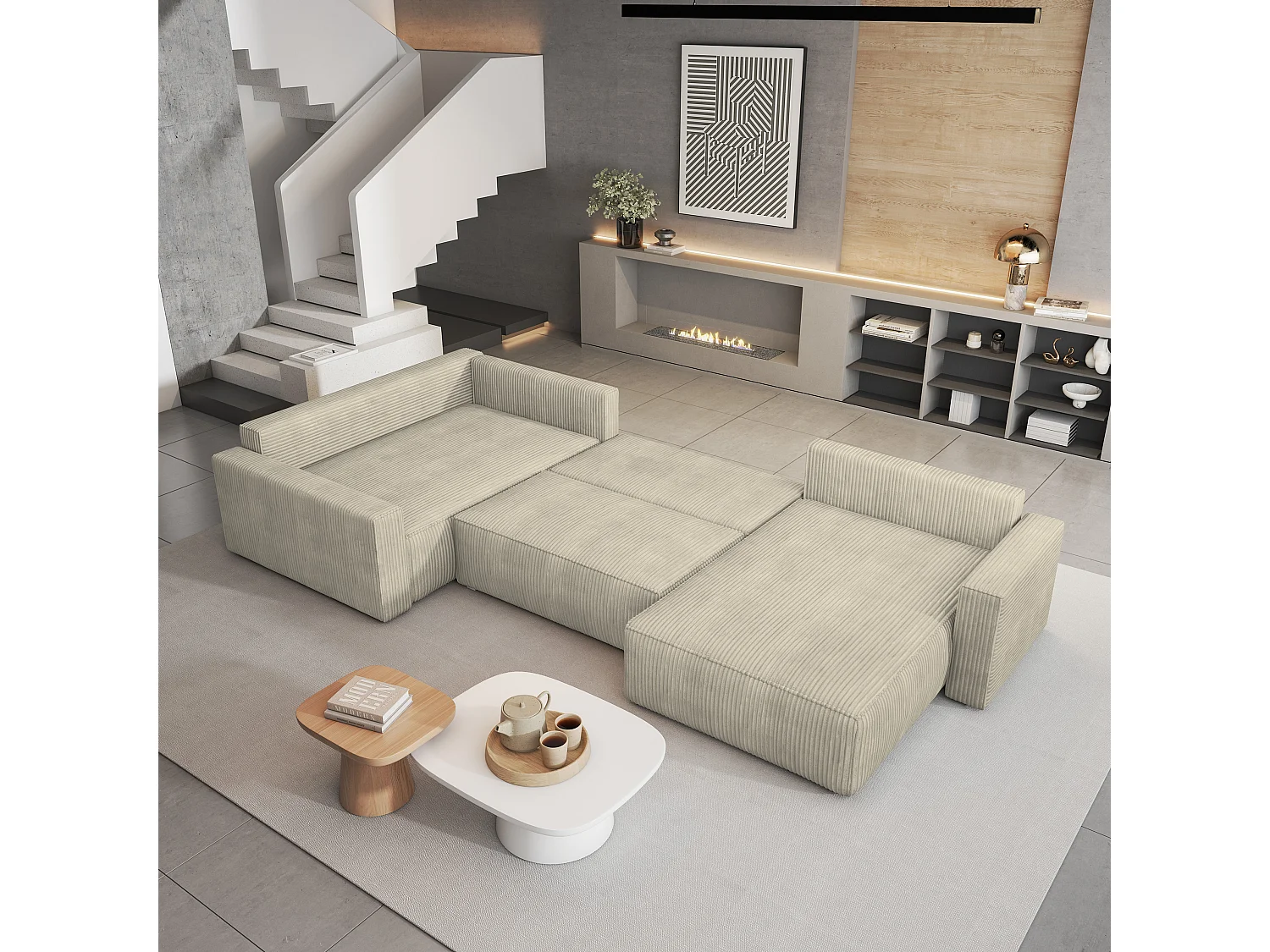 Hoekbank VELAMI van fluweel met slaapfunctie Creme