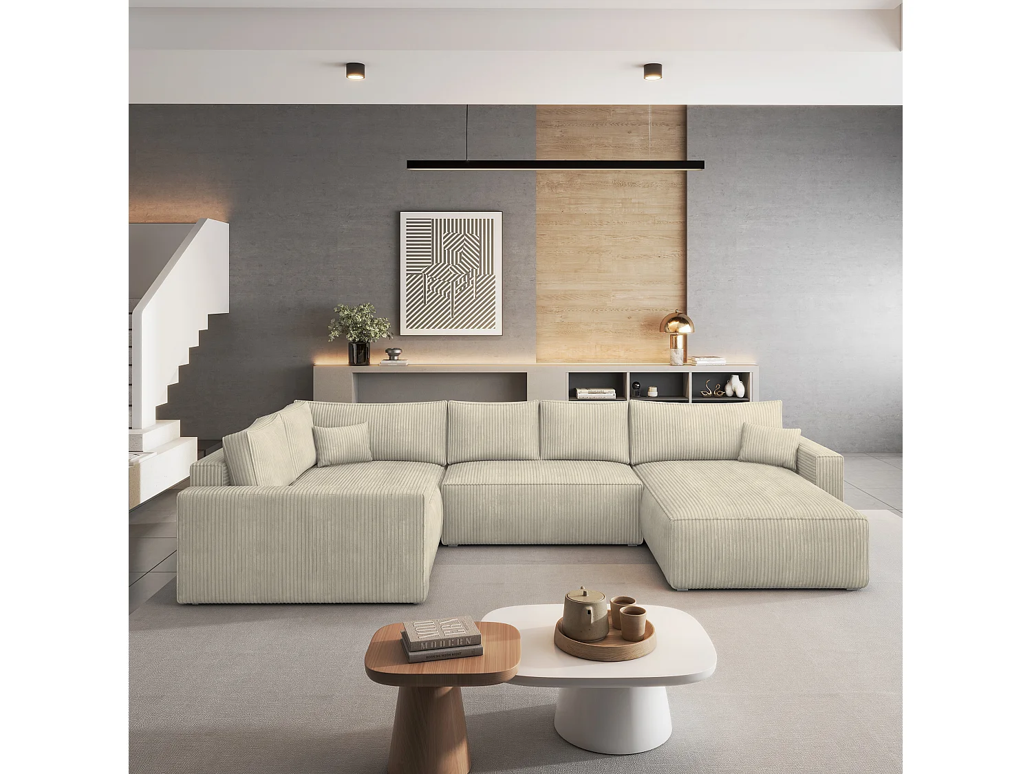 Hoekbank VELAMI van fluweel met slaapfunctie Creme