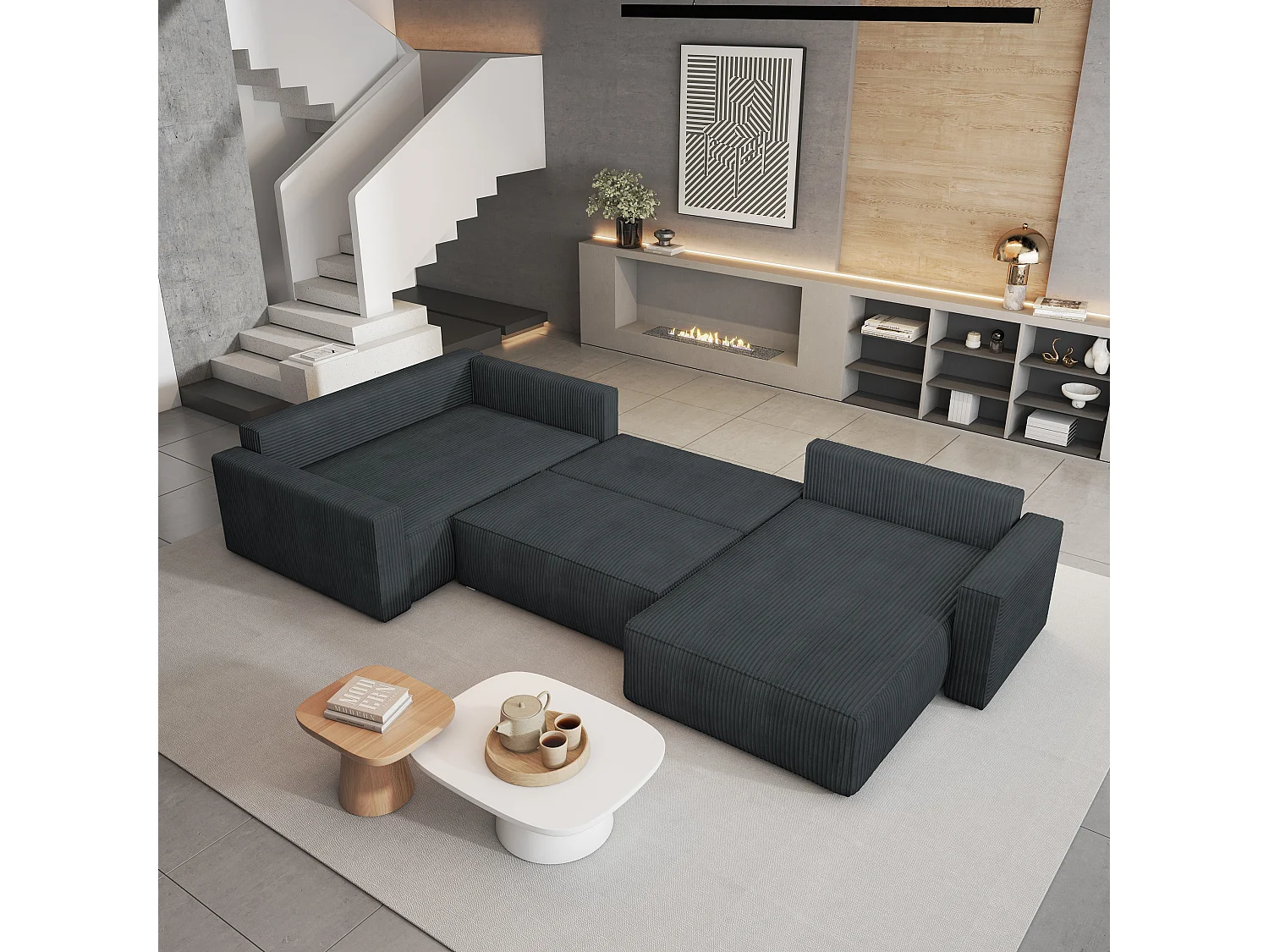 Hoekbank VELAMI van fluweel met slaapfunctie Grau
