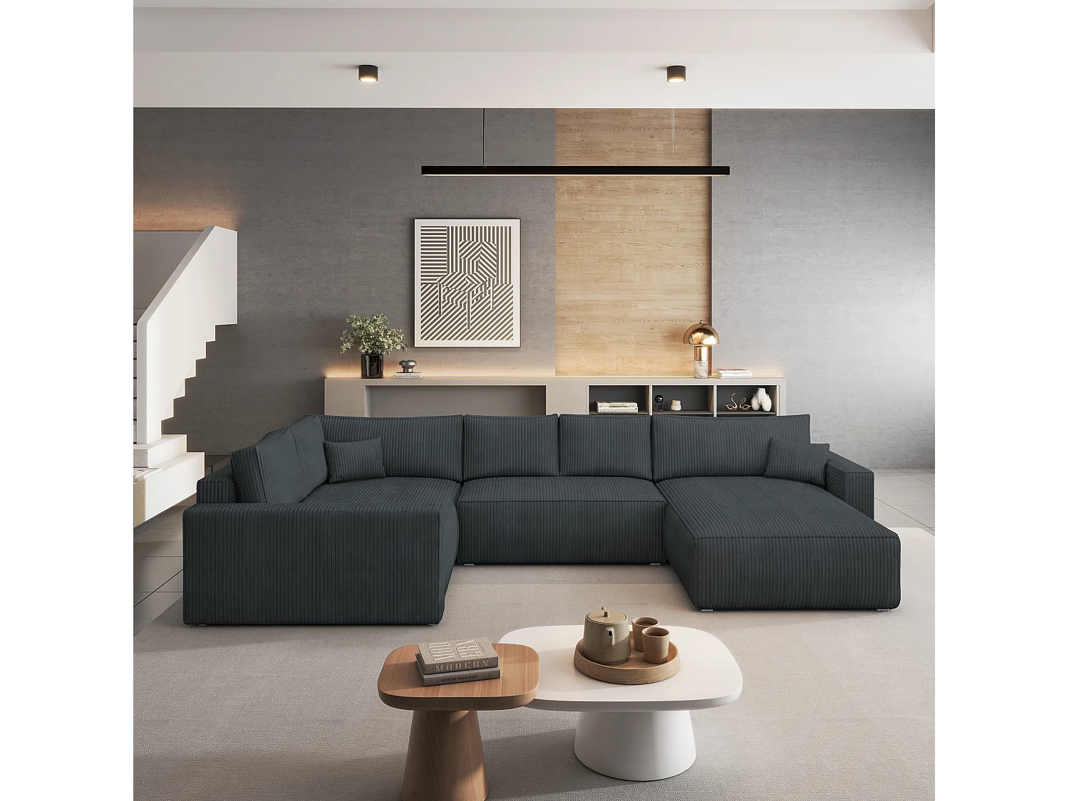 Hoekbank VELAMI van fluweel met slaapfunctie Grau