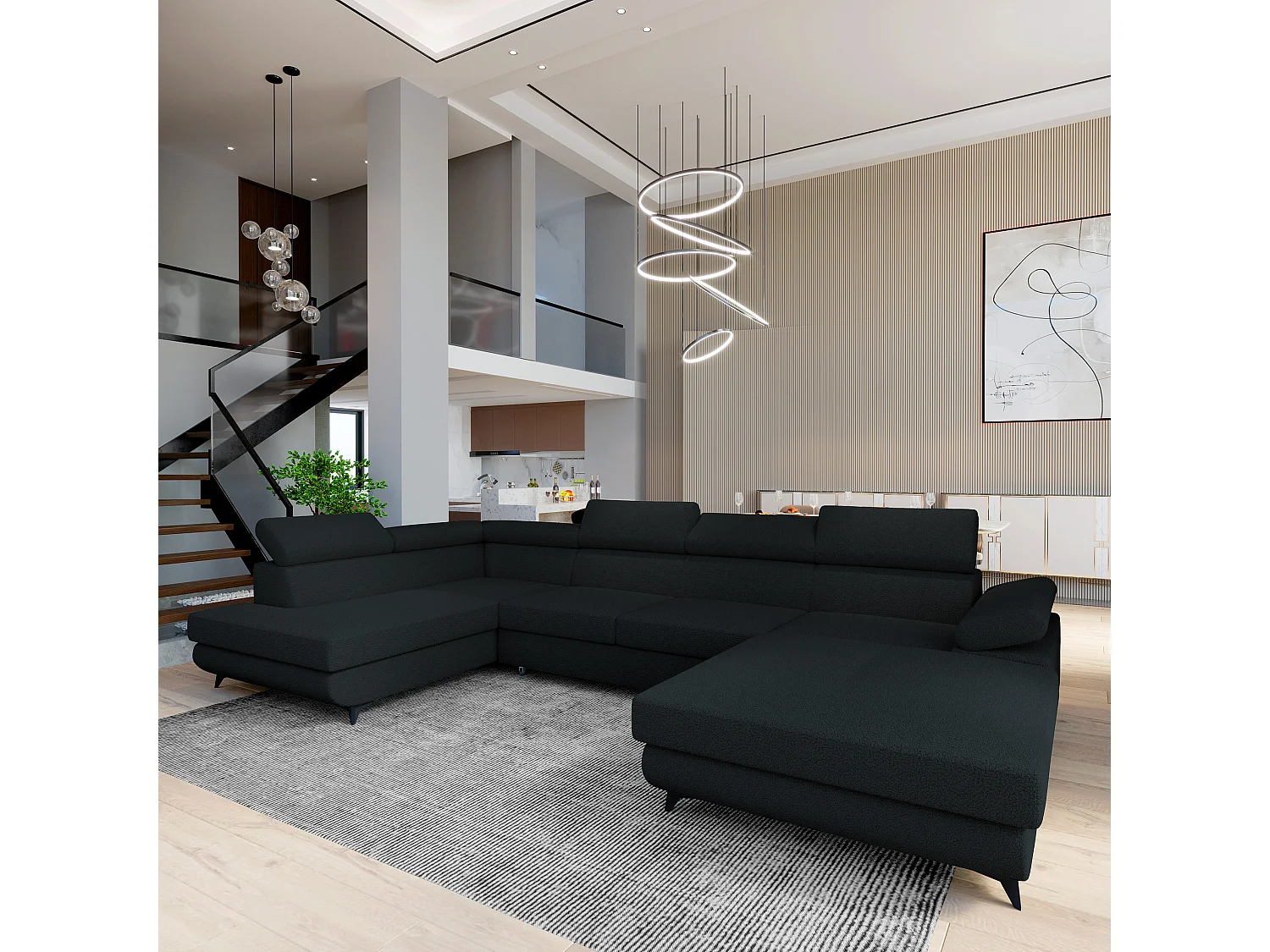 Hoekbank RUBANO van fluweel met slaapfunctie Schwarz