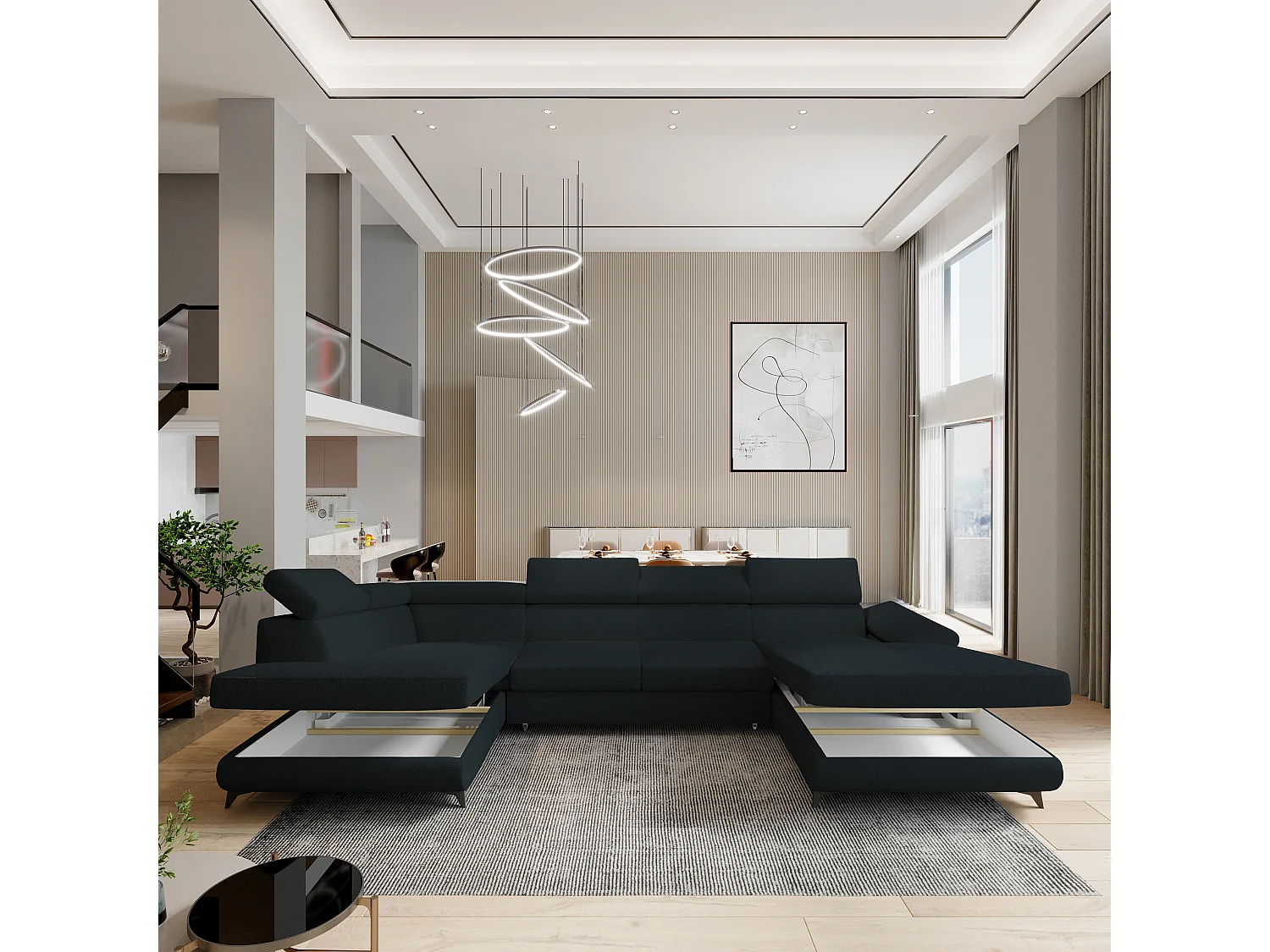 Hoekbank RUBANO van fluweel met slaapfunctie Schwarz