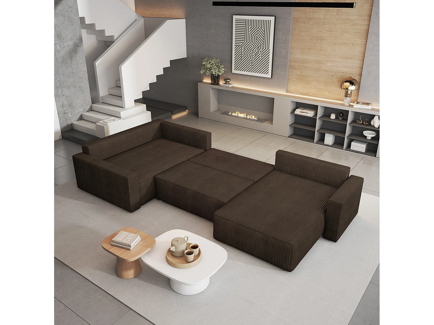 Hoekbank VELAMI van fluweel met slaapfunctie Braun