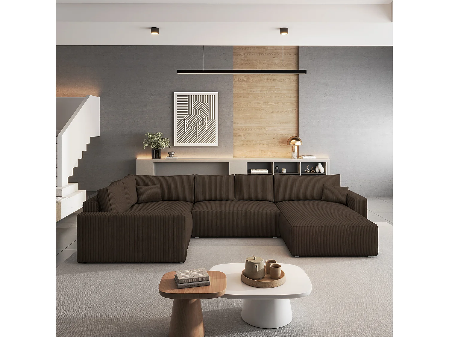 Hoekbank VELAMI van fluweel met slaapfunctie Braun