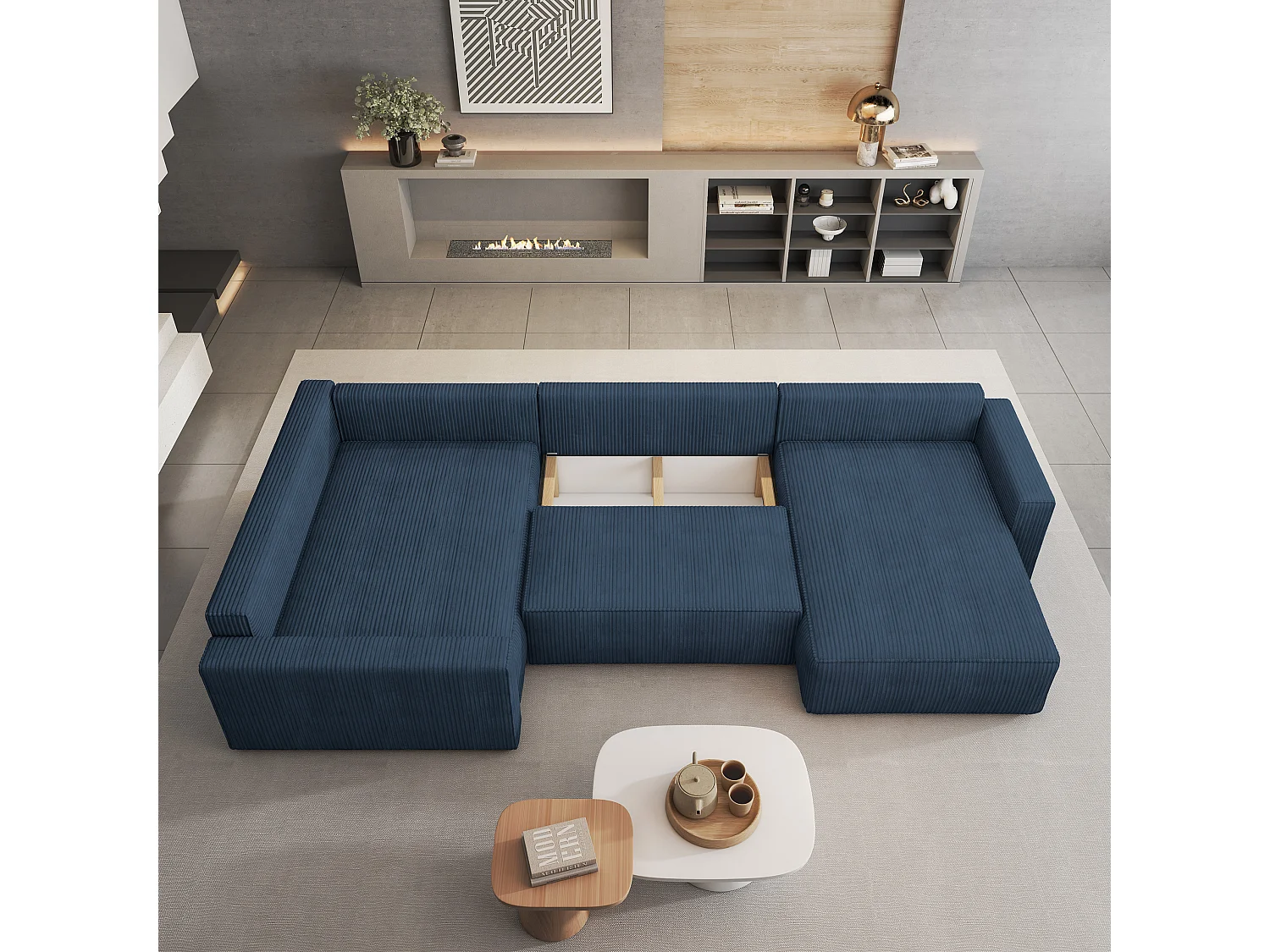 Hoekbank VELAMI van fluweel met slaapfunctie Blau