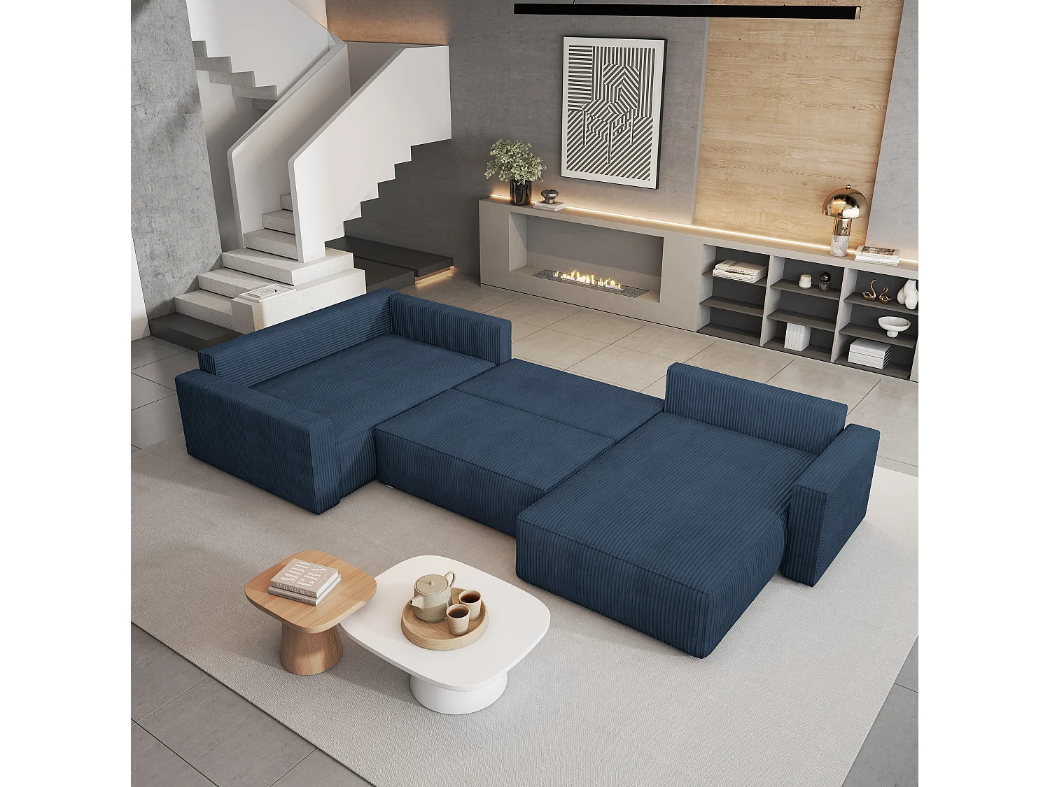 Hoekbank VELAMI van fluweel met slaapfunctie Blau