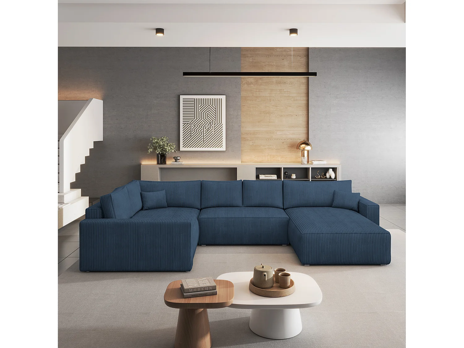 Hoekbank VELAMI van fluweel met slaapfunctie Blau