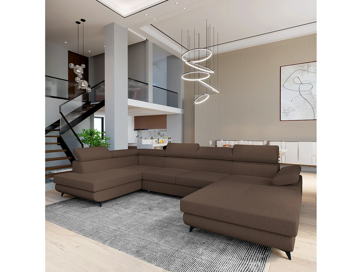 Hoekbank RUBANO van fluweel met slaapfunctie Braun