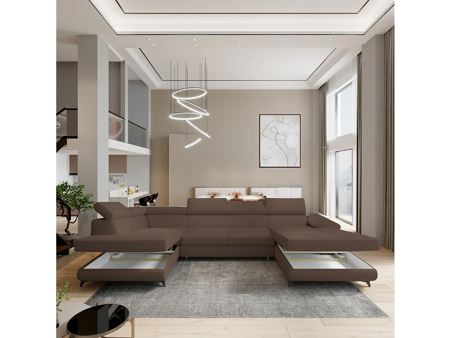 Hoekbank RUBANO van fluweel met slaapfunctie Braun