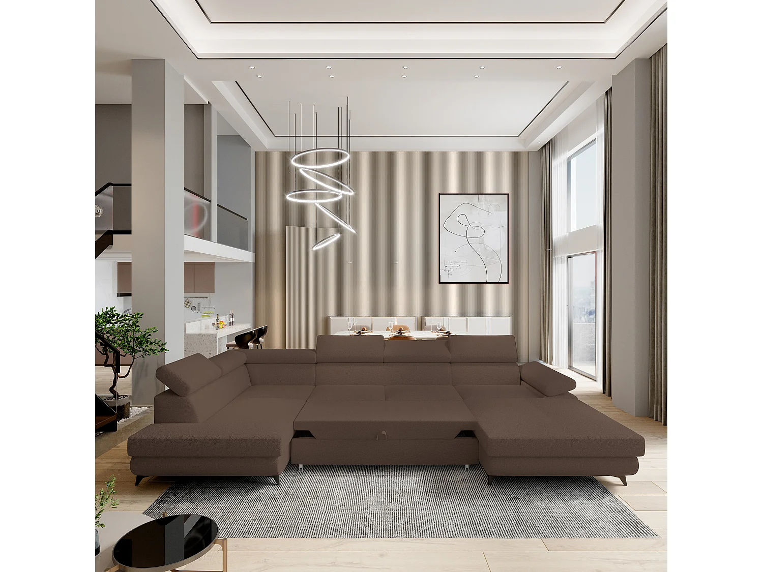 Hoekbank RUBANO van fluweel met slaapfunctie Braun