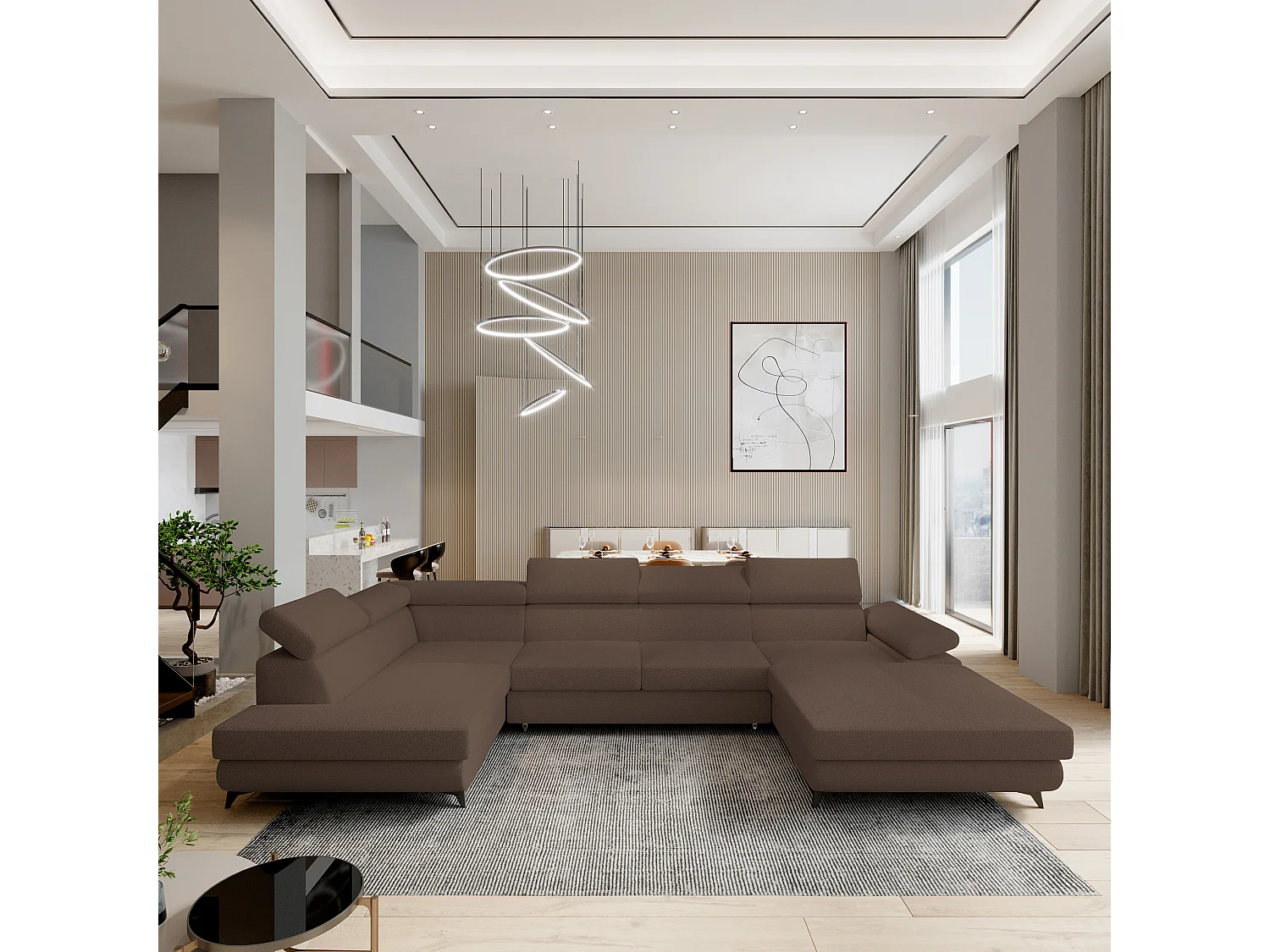 Hoekbank RUBANO van fluweel met slaapfunctie Braun