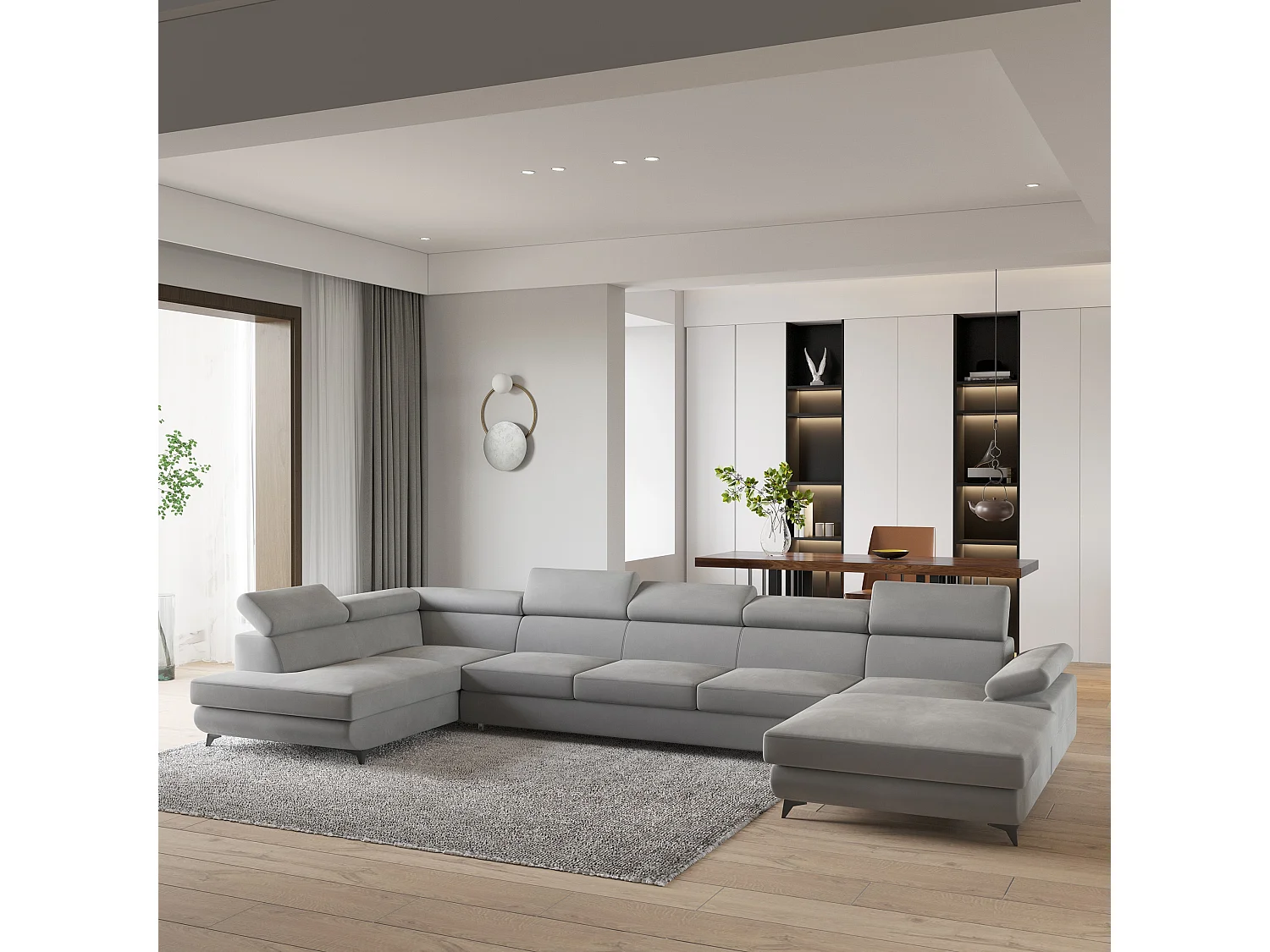 Hoekbank MONTIVA van fluweel met slaapfunctie Hellgrau