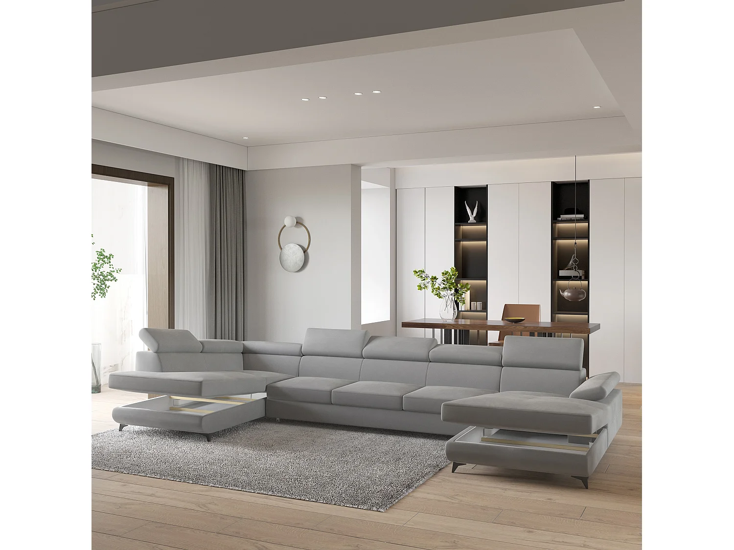 Hoekbank MONTIVA van fluweel met slaapfunctie Hellgrau