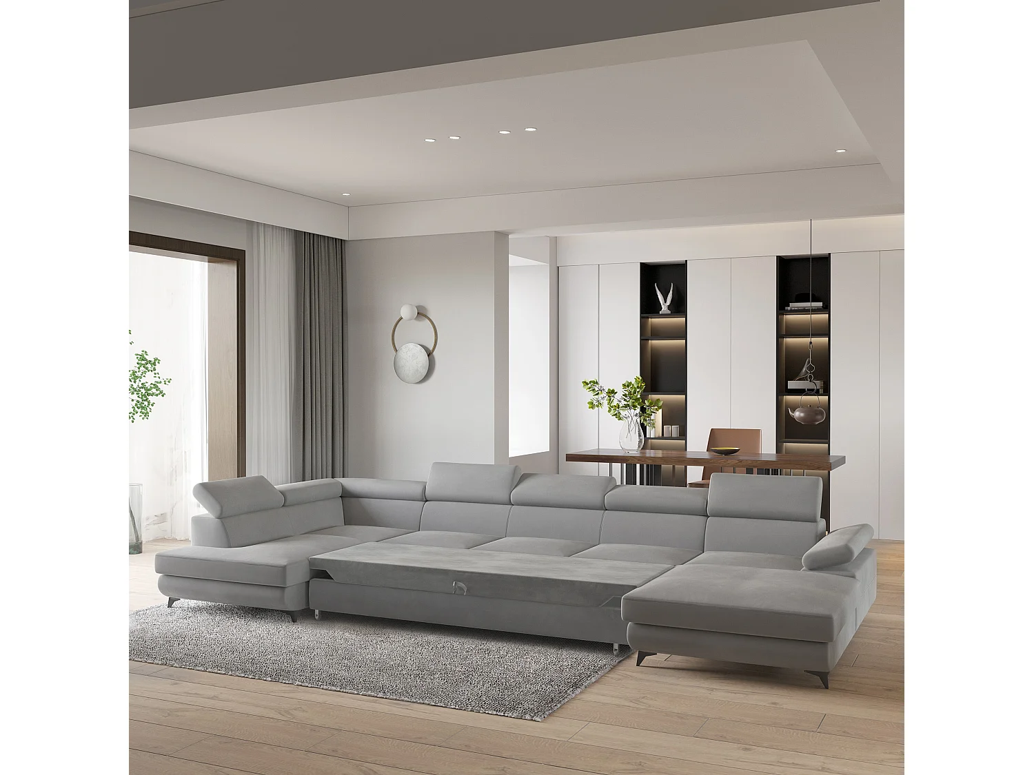 Hoekbank MONTIVA van fluweel met slaapfunctie Hellgrau