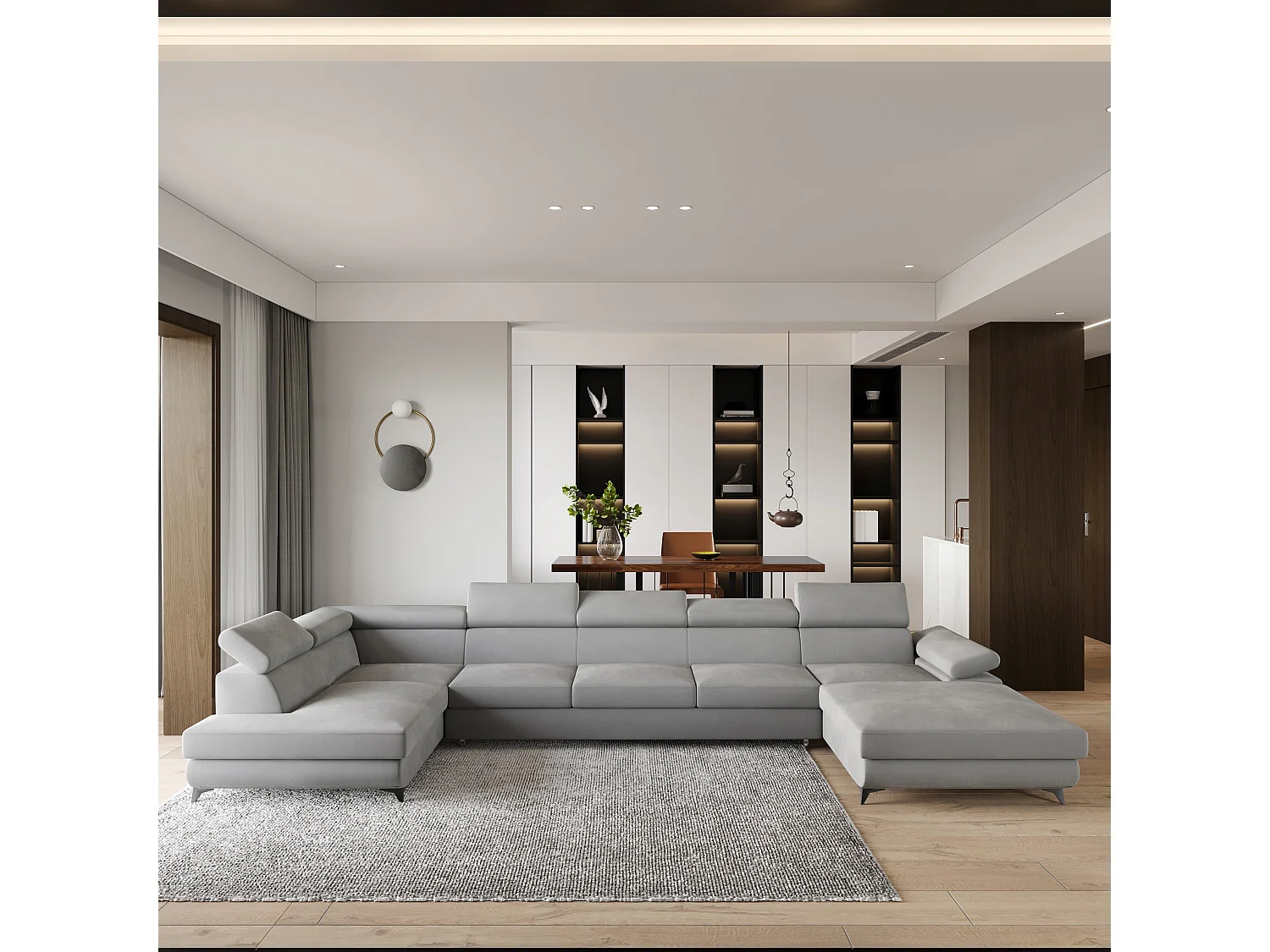 Hoekbank MONTIVA van fluweel met slaapfunctie Hellgrau