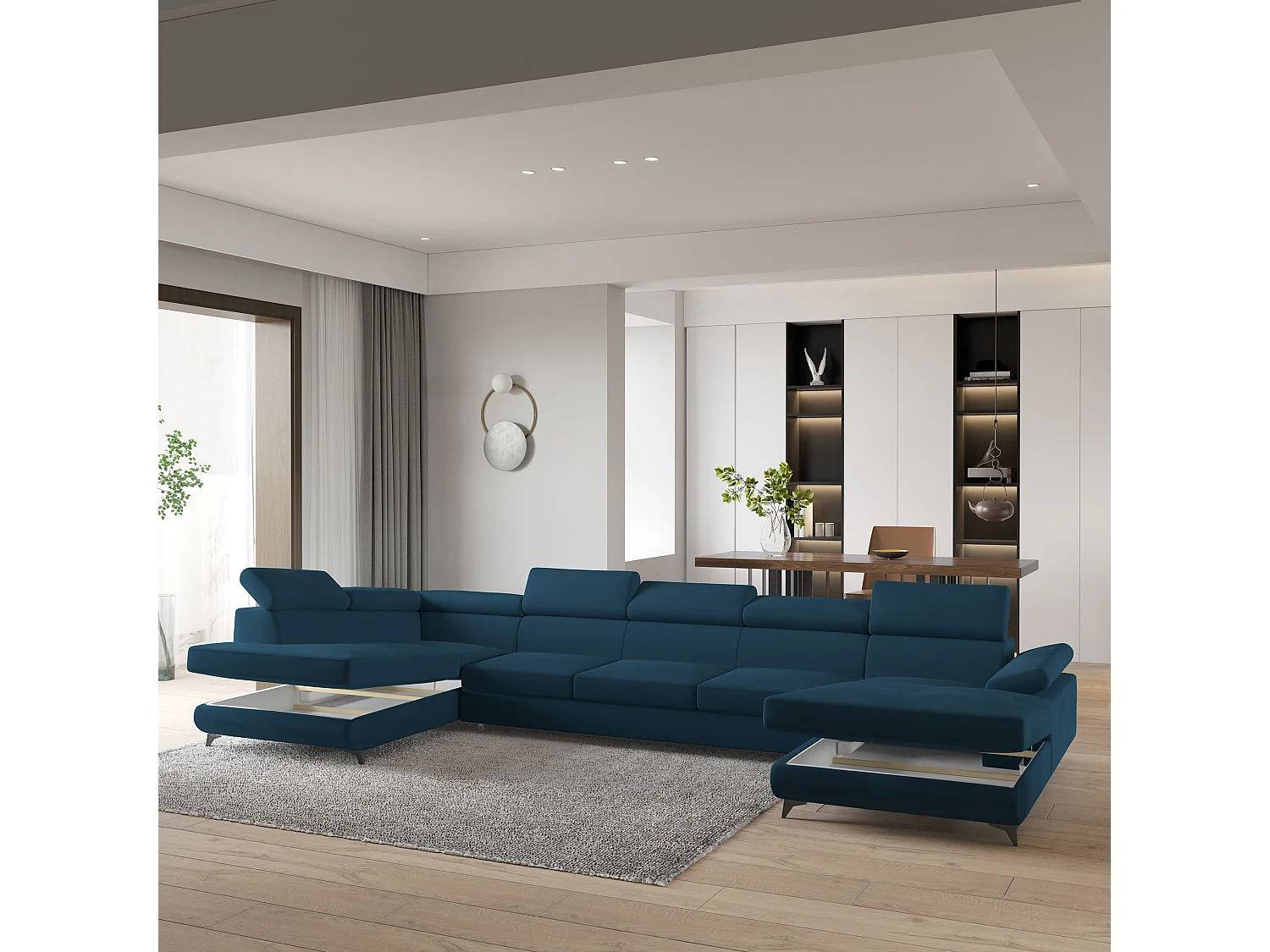 Hoekbank MONTIVA van fluweel met slaapfunctie Blau