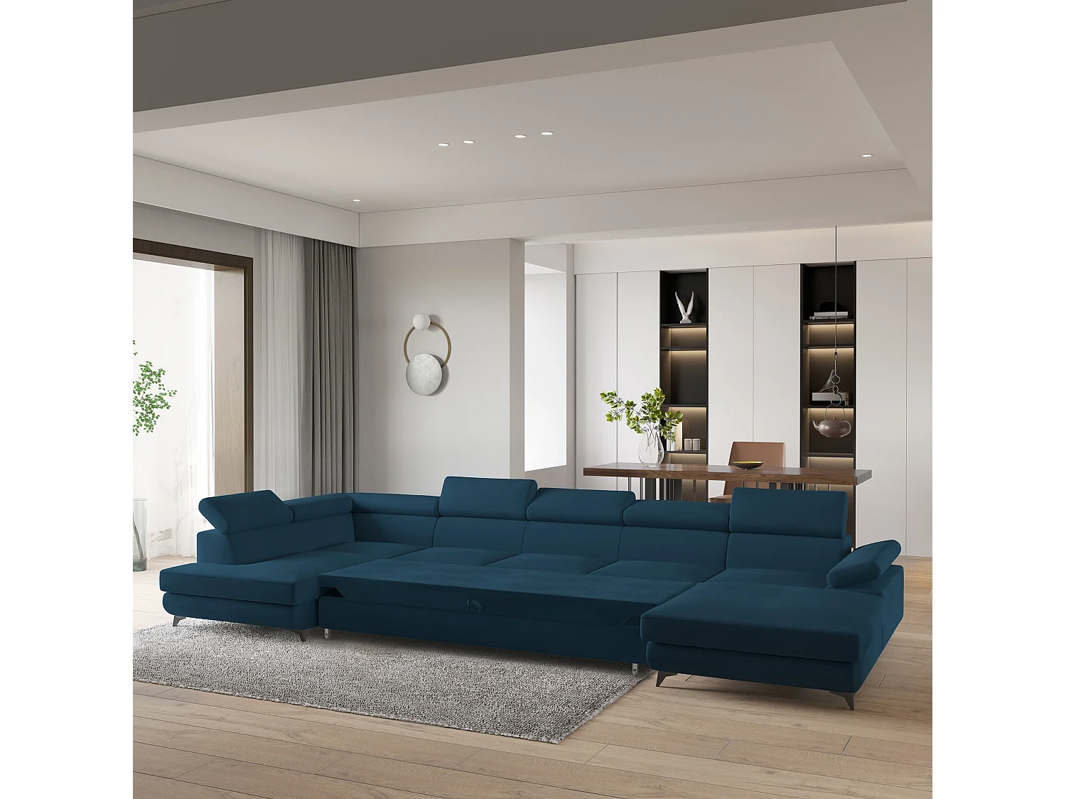 Hoekbank MONTIVA van fluweel met slaapfunctie Blau