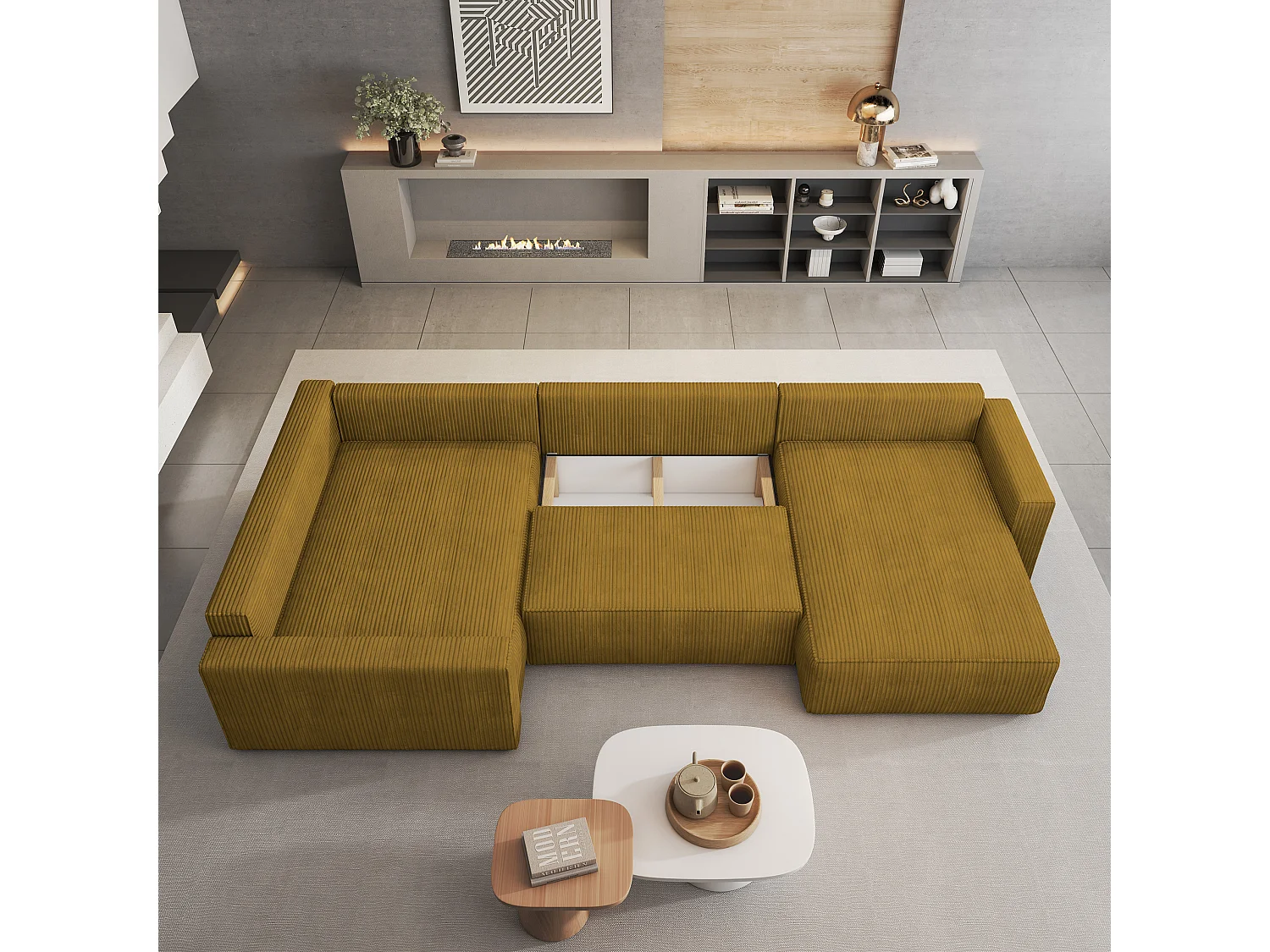 Hoekbank VELAMI van fluweel met slaapfunctie Gelb