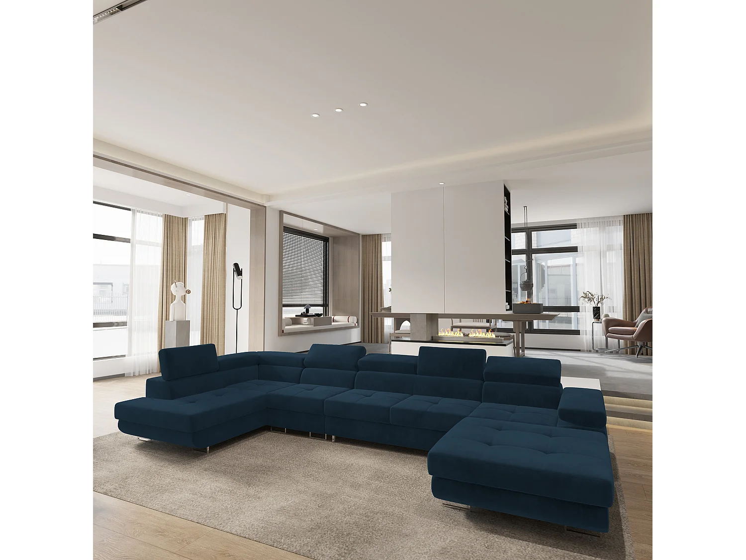 Hoekbank VELORA van fluweel met slaapfunctie Blau